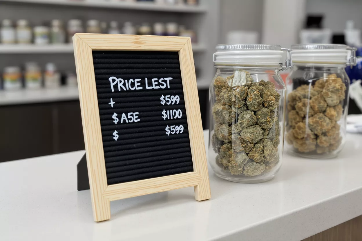 Cannabis Dispensary Price List and Jars A price list board next to two glass jars filled with cannabis buds.