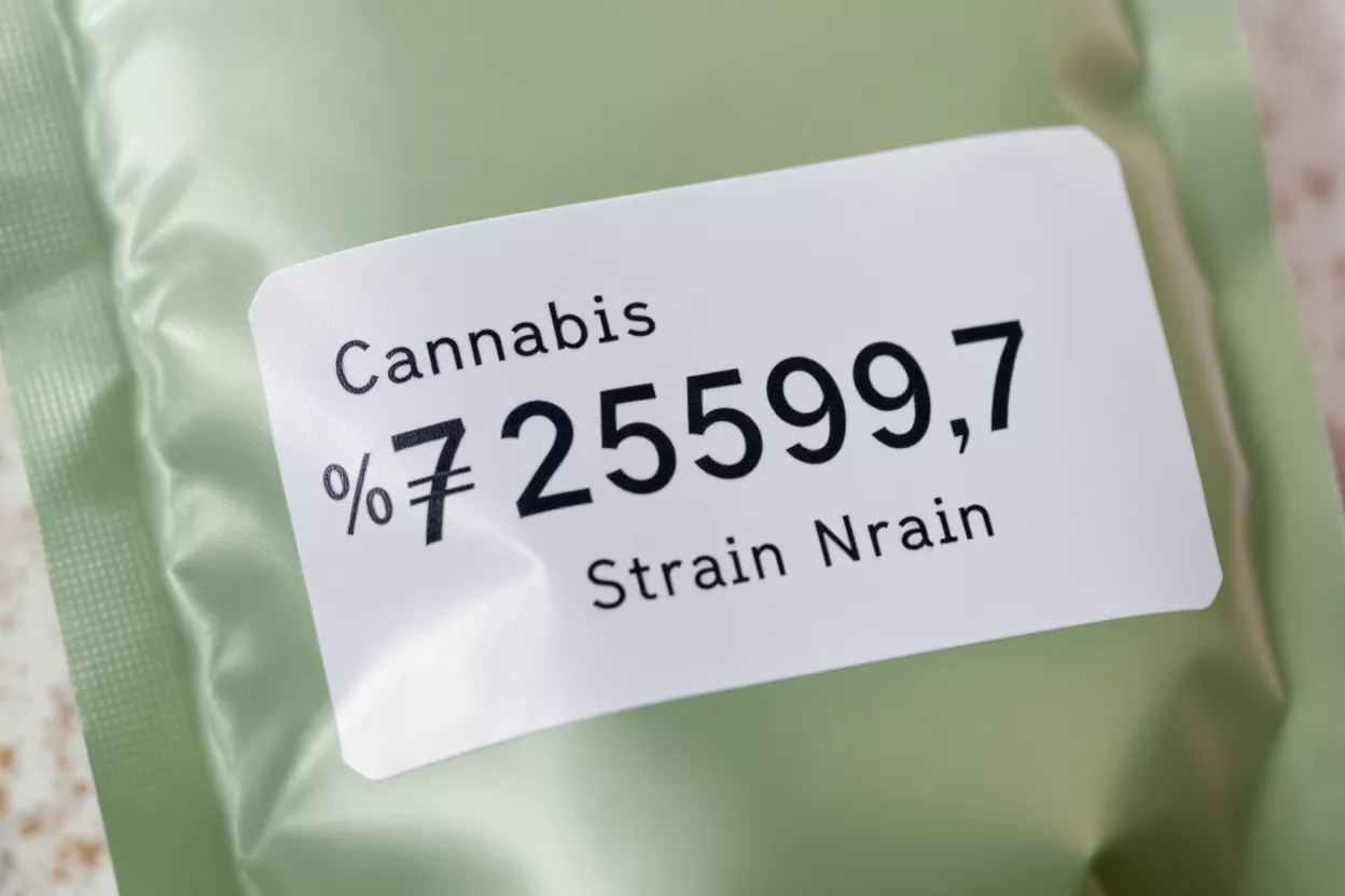 Cannabis Strain Nrain Packaging Close-up of light green cannabis packaging with a white label showing "Cannabis" and "Strain Nrain".