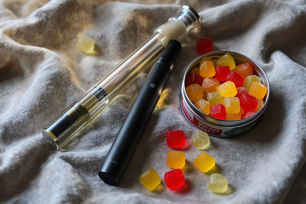 Vape Pen and Gummies Black vape pen, glass tube, and colorful gummies on a light fabric.