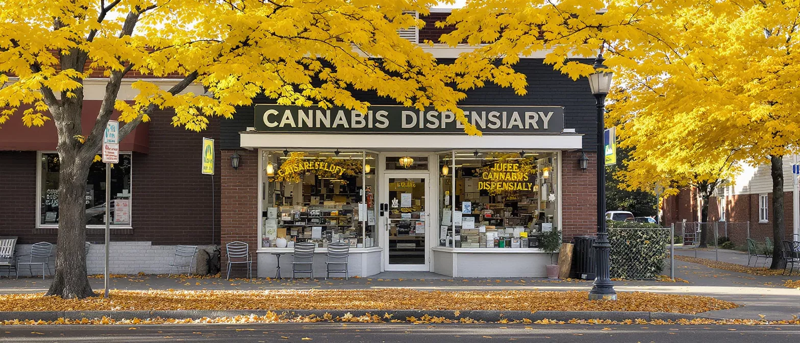 Cannabis dispensary storefront with bright yellow autumn leaves on trees and ground.
