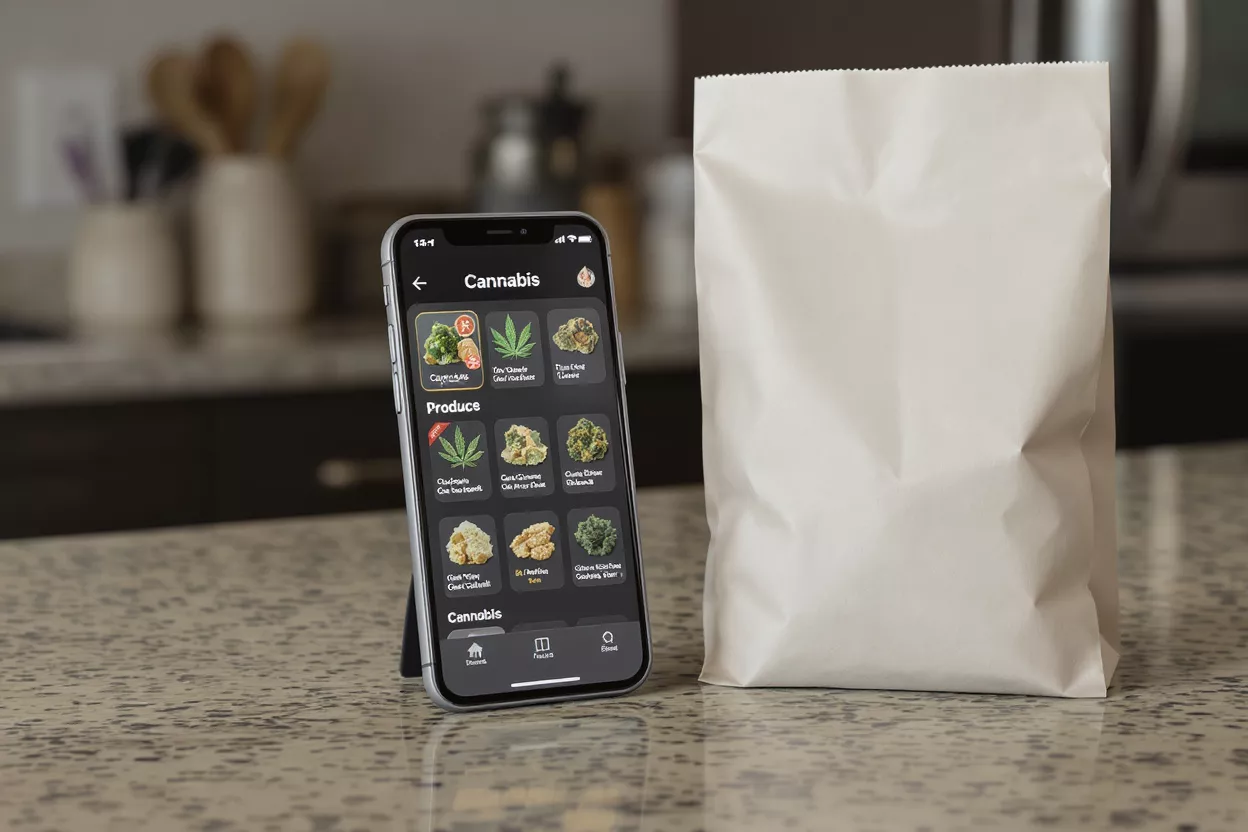Cannabis Delivery App and Bag Smartphone displaying a cannabis delivery app next to a plain white bag.