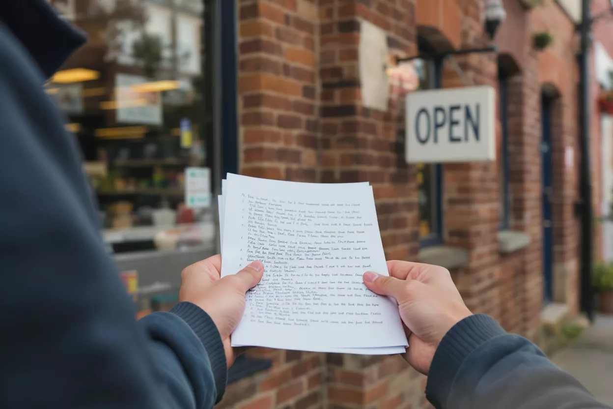 Person Holding List Outside Open Store A person holds a handwritten list in front of a brick building with an 'OPEN' sign.