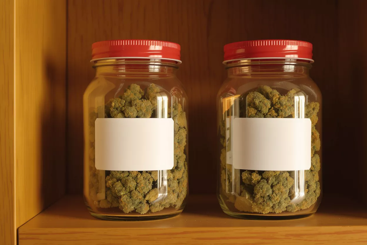 Cannabis Jars with Red Lids Two glass jars with red lids filled with cannabis buds on a wooden shelf.