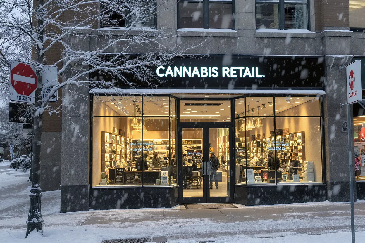 A cannabis retail store with a brightly lit interior on a snowy winter day.