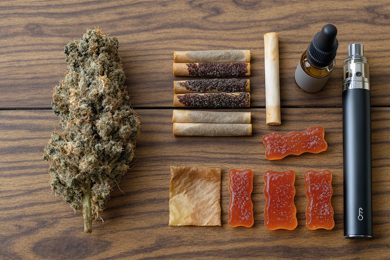 Cannabis bud, pre-rolls, vape, oil, edibles on a wooden table.