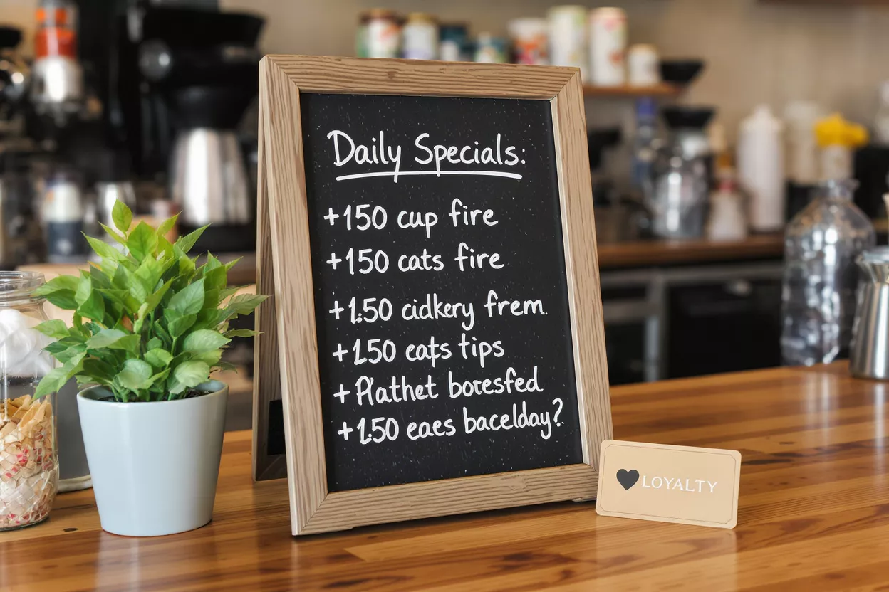 Chalkboard with daily specials in a cafe, next to a potted plant.