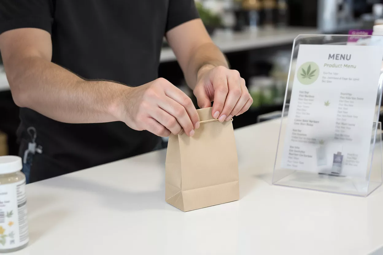 Hands closing a brown paper bag on a counter next to a cannabis product menu.
