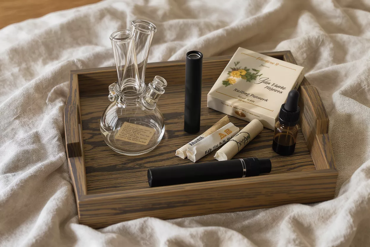 Various smoking accessories including a glass bong, vape pens, and oil dropper on a wooden tray.