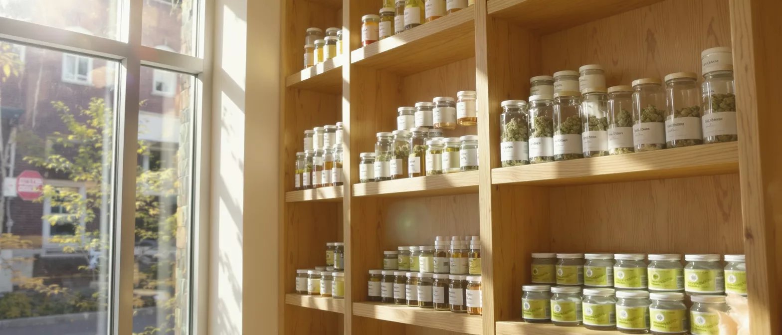 Wooden shelves filled with various jars of cannabis products next to a sunlit window.