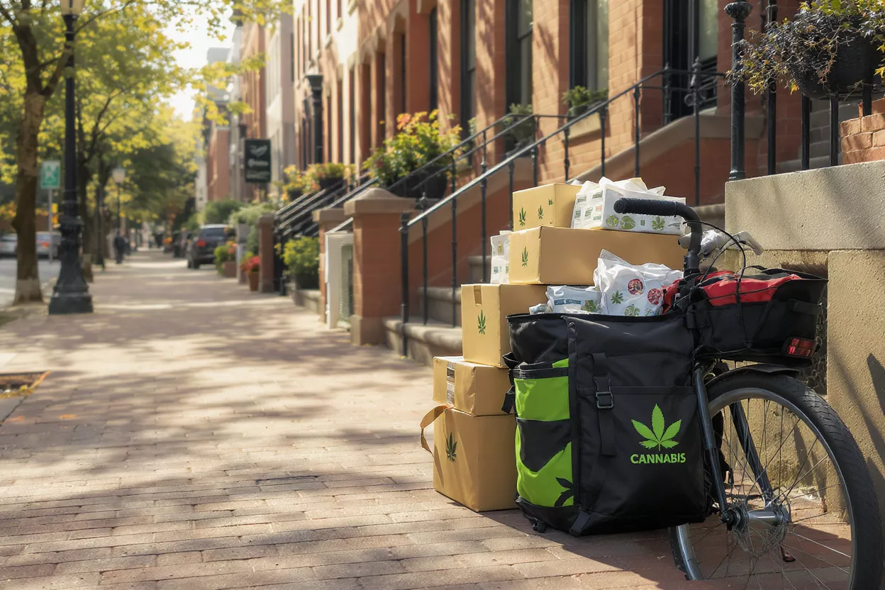 Bike with cannabis delivery bags and boxes on a city sidewalk.
