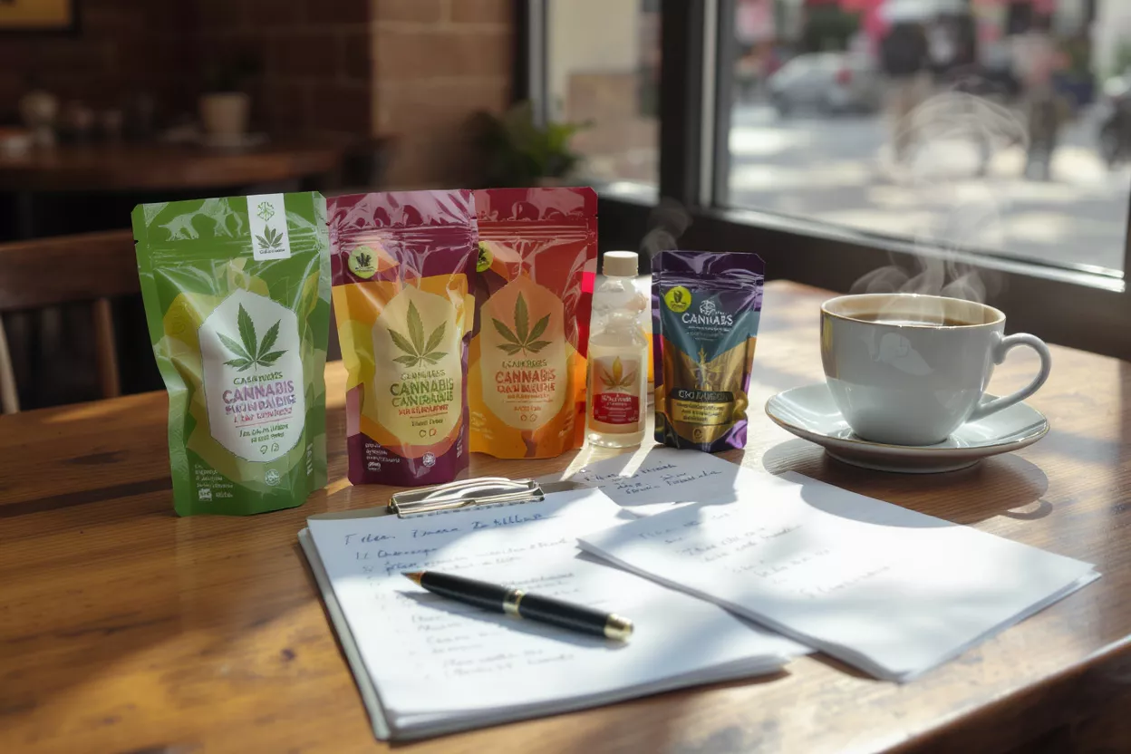 Various cannabis products, coffee, and notes on a wooden desk by a window.