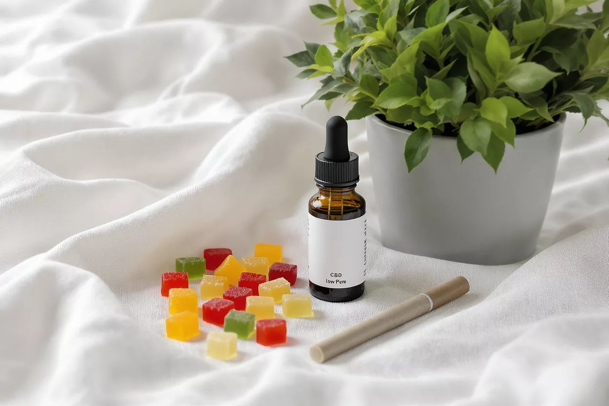 CBD oil dropper bottle, colorful gummies, vape pen, and potted plant on white fabric.