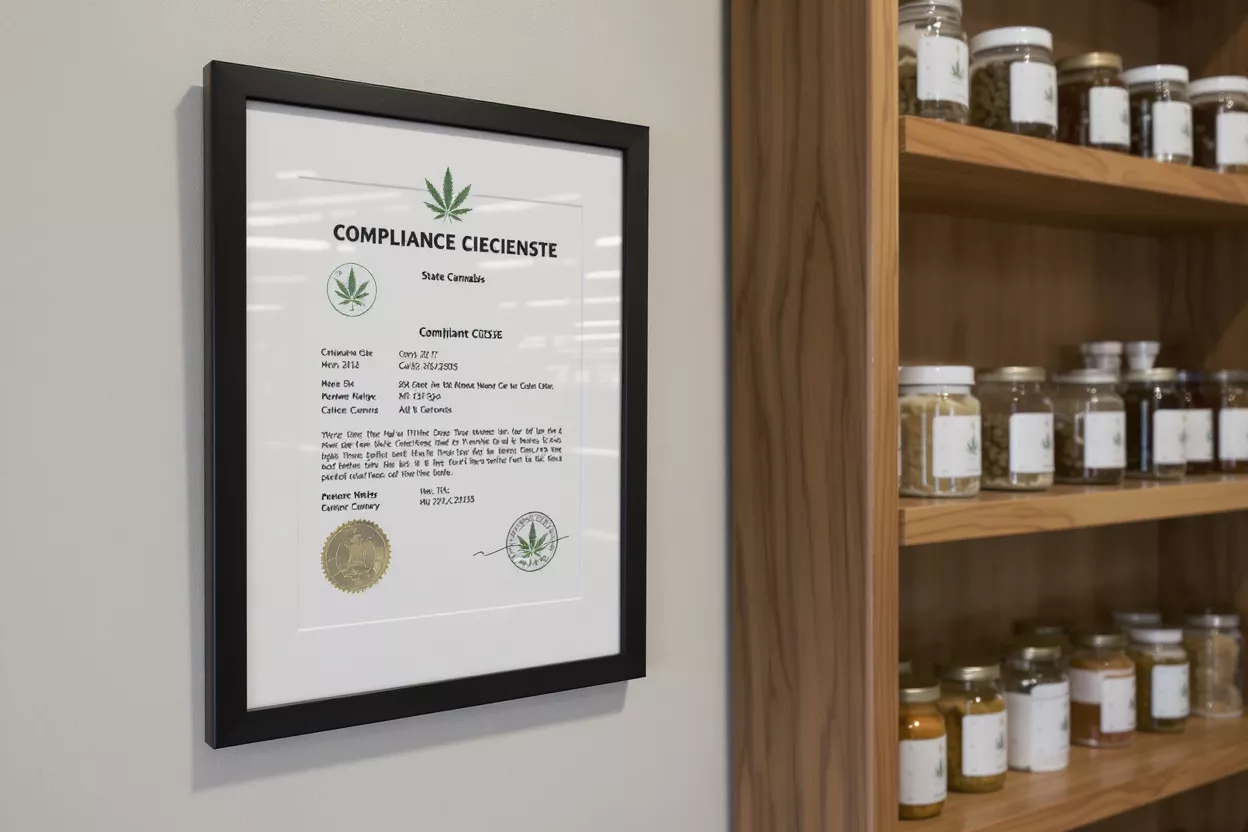 Framed cannabis compliance certificate on wall next to wooden shelves with jars.