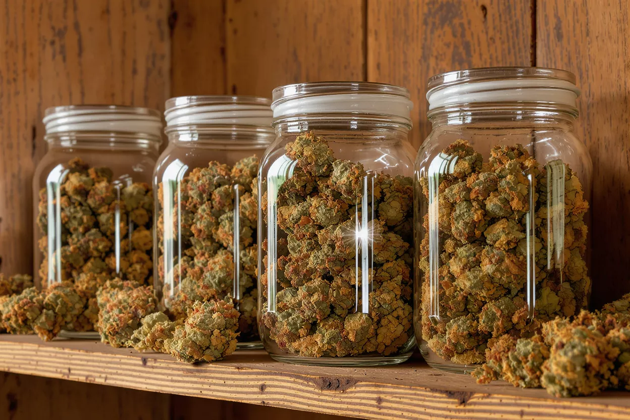 Four glass jars filled with cannabis buds on a rustic wooden shelf.