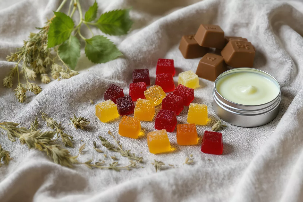 Colorful herbal gummies, chocolates, and balm with dried herbs on a linen cloth.