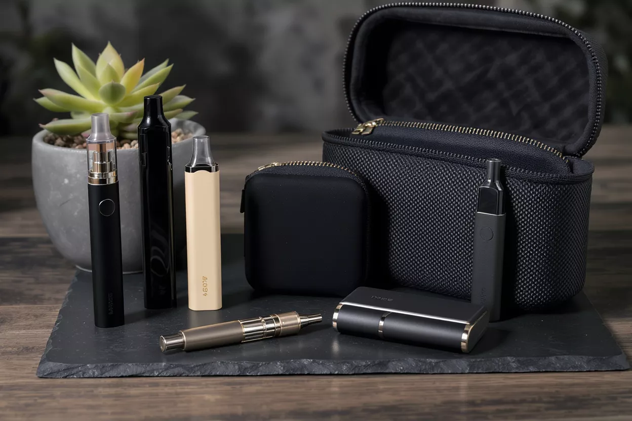 Various vape devices, cases, and a succulent plant on a dark slate surface.