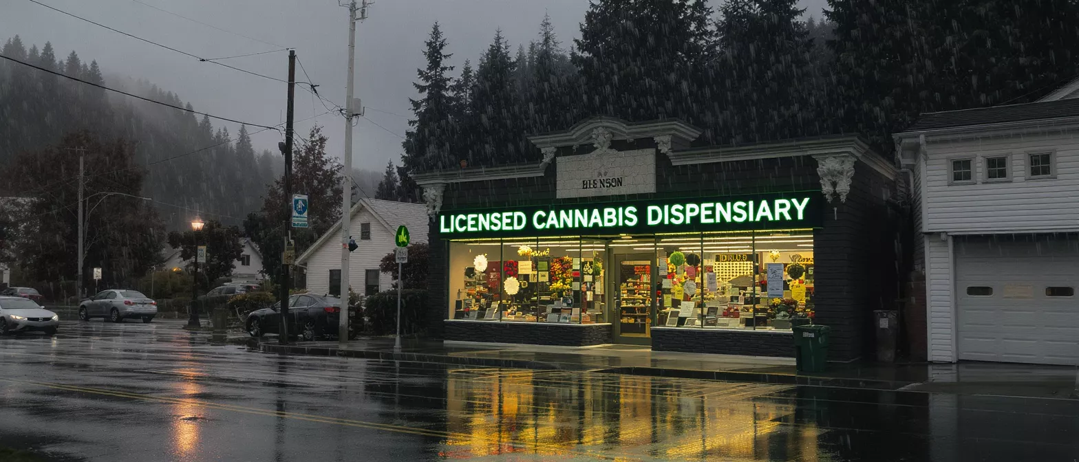 A licensed cannabis dispensary with glowing green sign on a wet, rainy street.