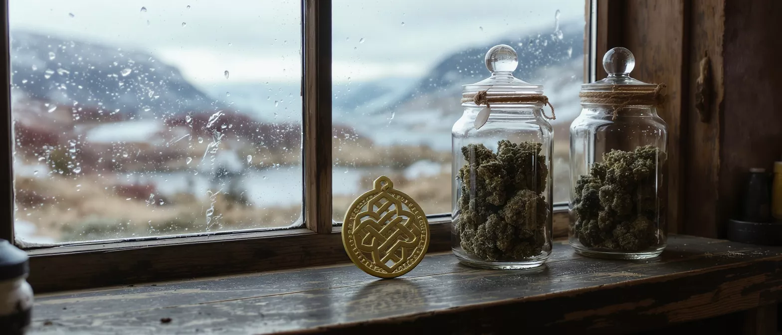 Two glass jars of cannabis buds on a window sill with a snowy landscape.