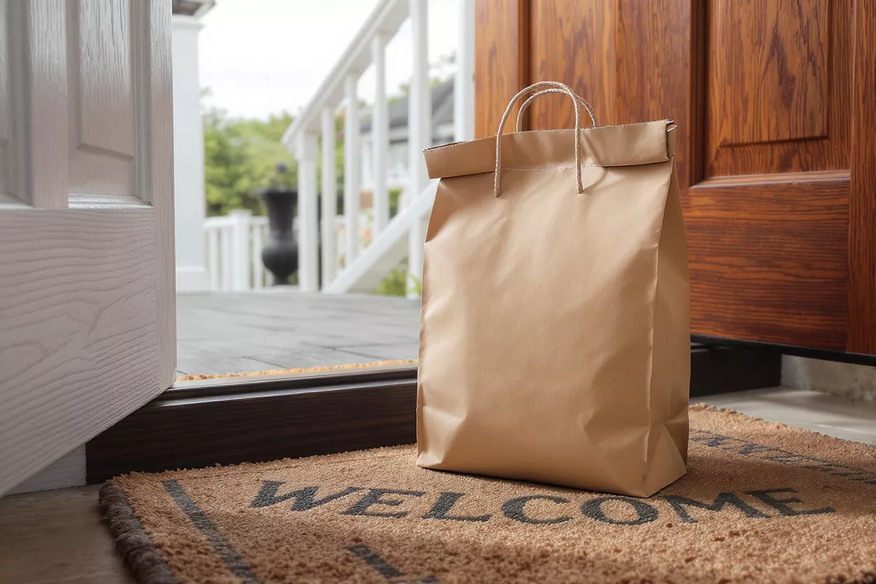 Delivery Package on Doorstep A brown paper delivery bag sits on a 'WELCOME' mat outside a partially open door.