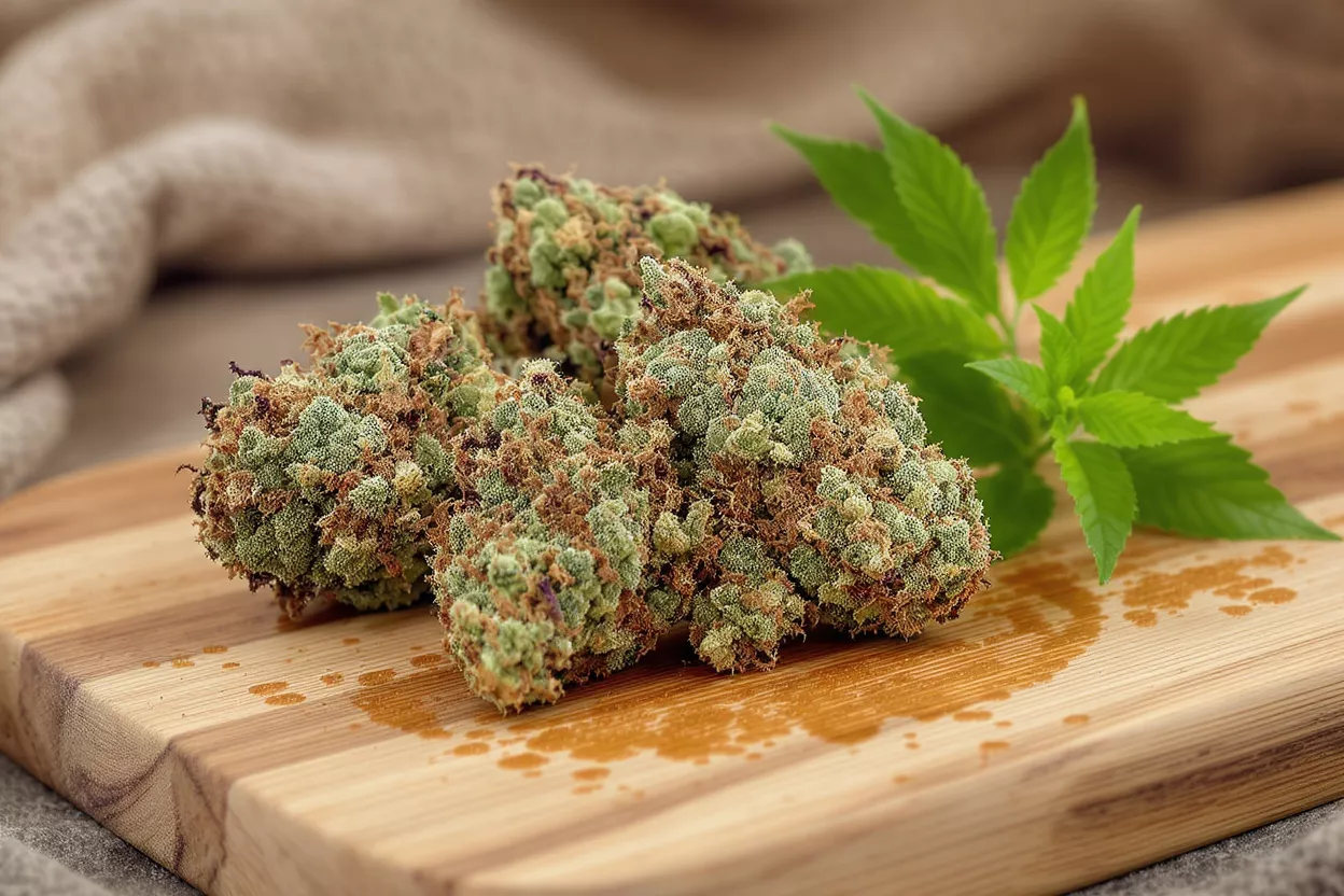 Cannabis Buds and Leaf Three cannabis buds and a green leaf on a wooden cutting board.