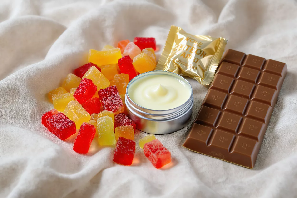 CBD Edibles and Balm Colorful CBD gummies, a tin of balm, and a chocolate bar on white fabric.