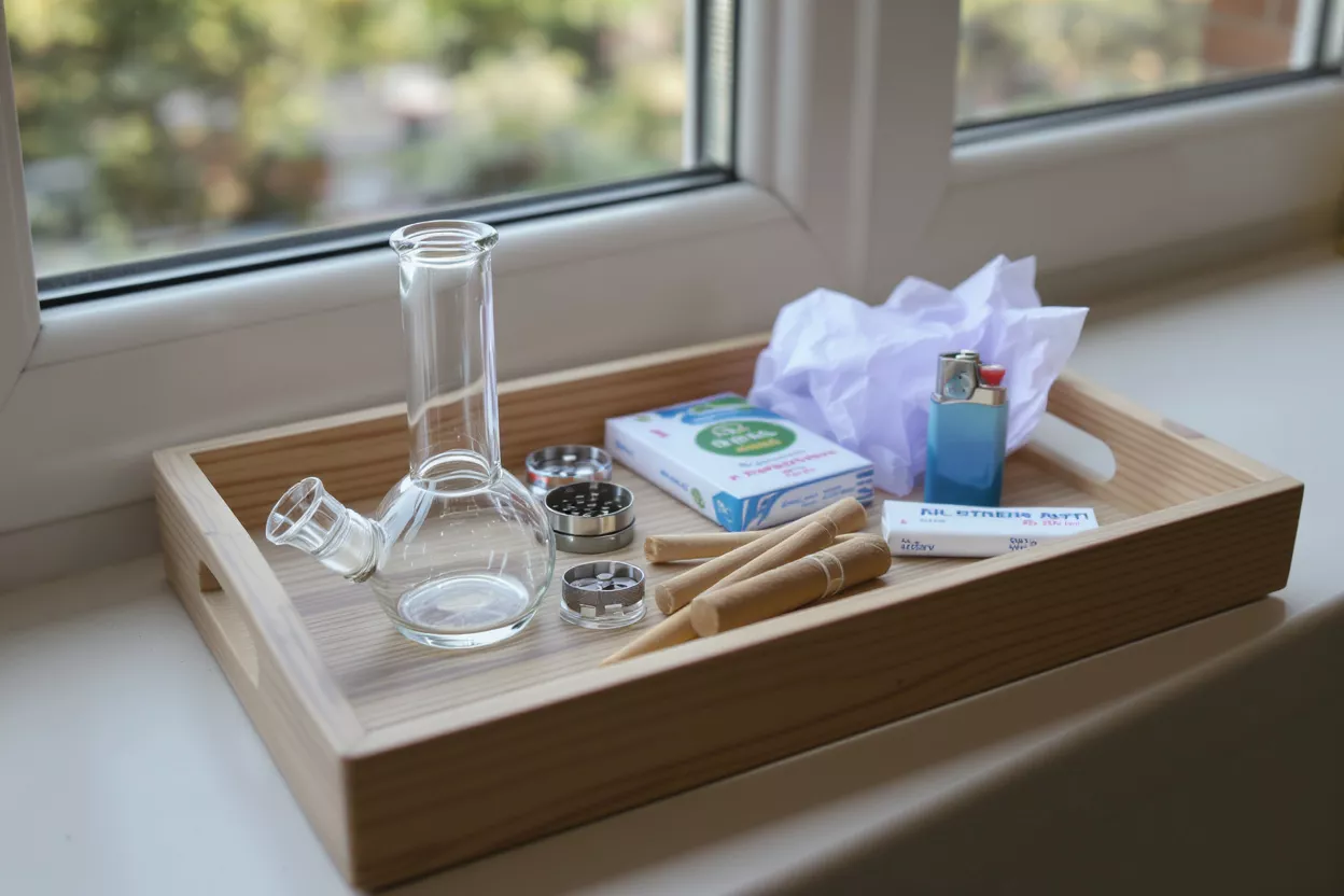 Smoking Accessories on Tray Glass bong, grinder, pre-rolls, lighter, and papers on a wooden tray.