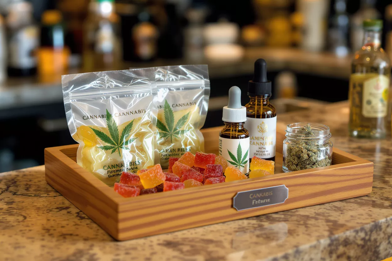 Cannabis Products Display Tray Wooden tray with cannabis gummies, oils, and flower on a counter.