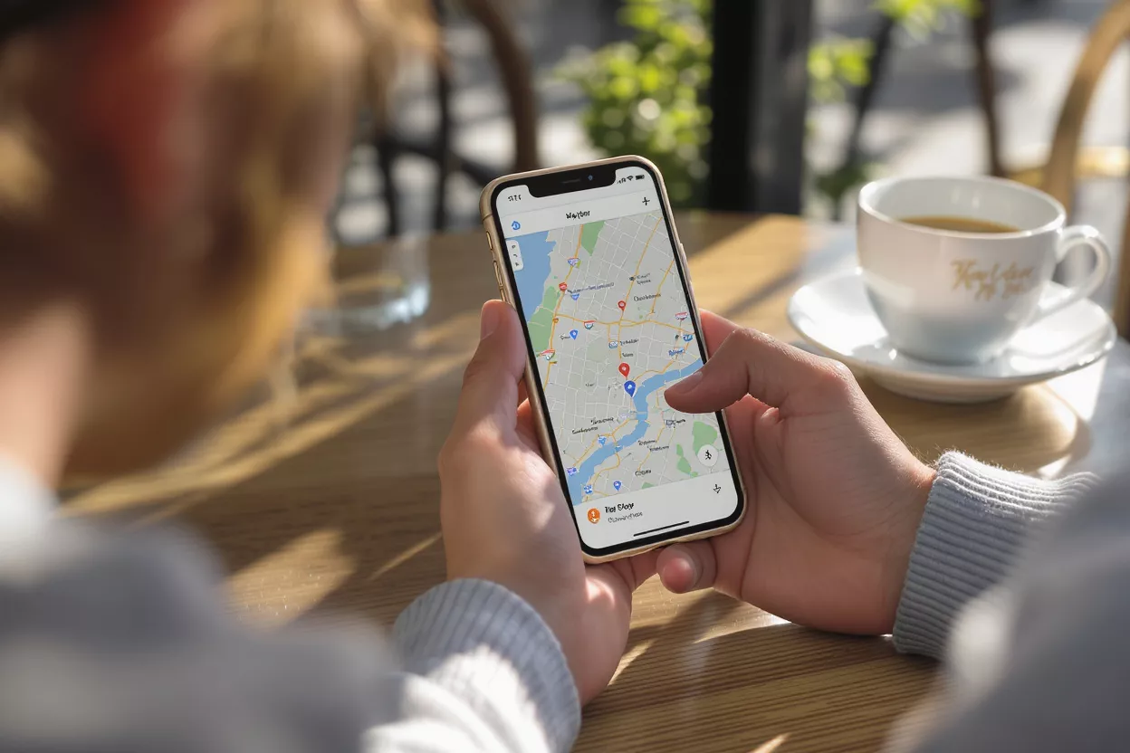 Person Using Phone Map App Close-up of hands holding a smartphone displaying a map app in a cafe.