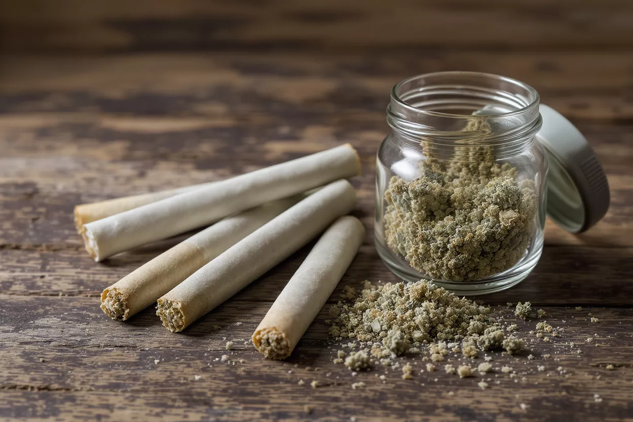 Cannabis Pre-Rolls and Kief Four cannabis pre-rolls next to an open jar of kief on a wooden surface.