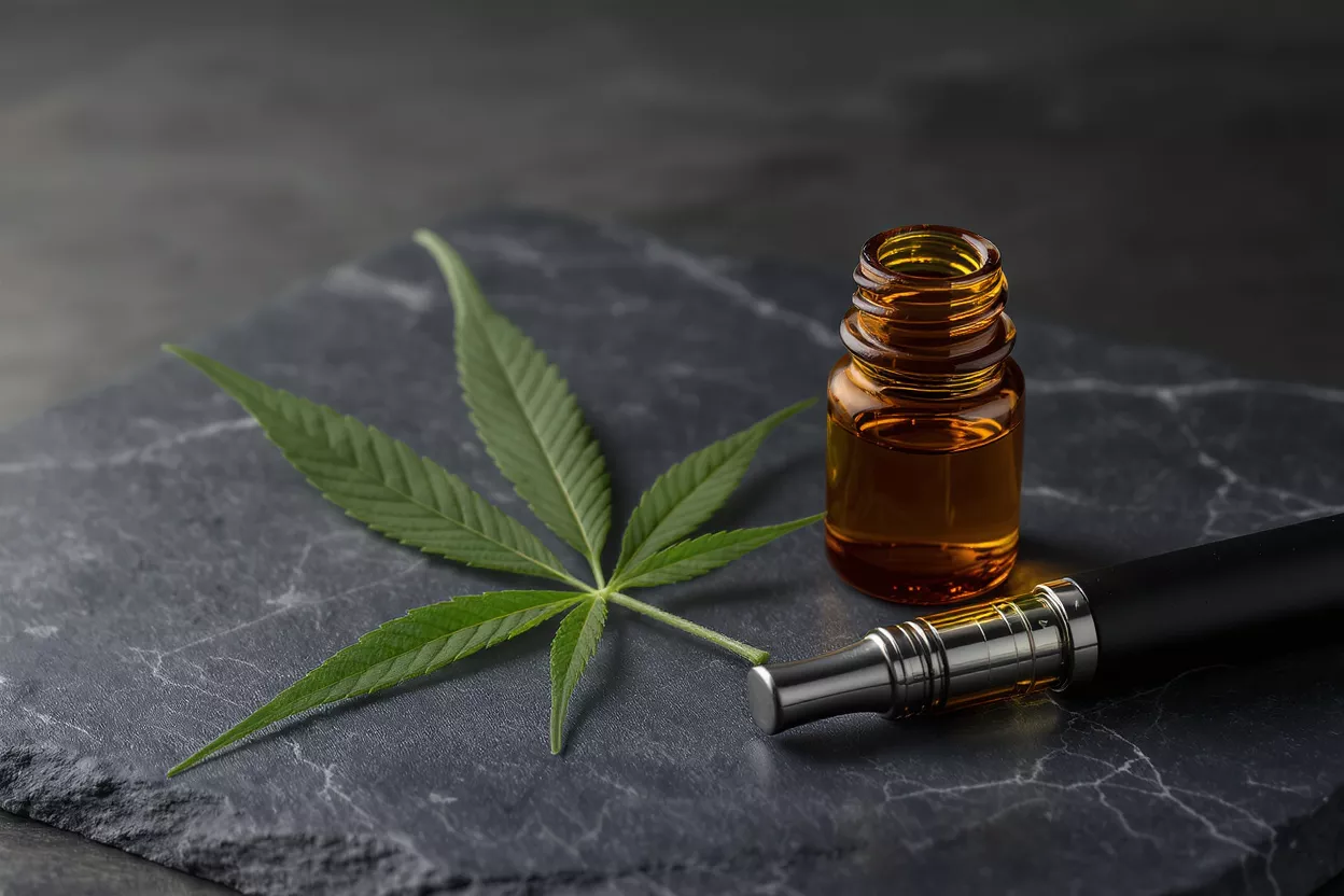 Cannabis Oil, Vape, and Leaf Cannabis leaf, amber oil bottle, and vape pen on a dark stone surface.