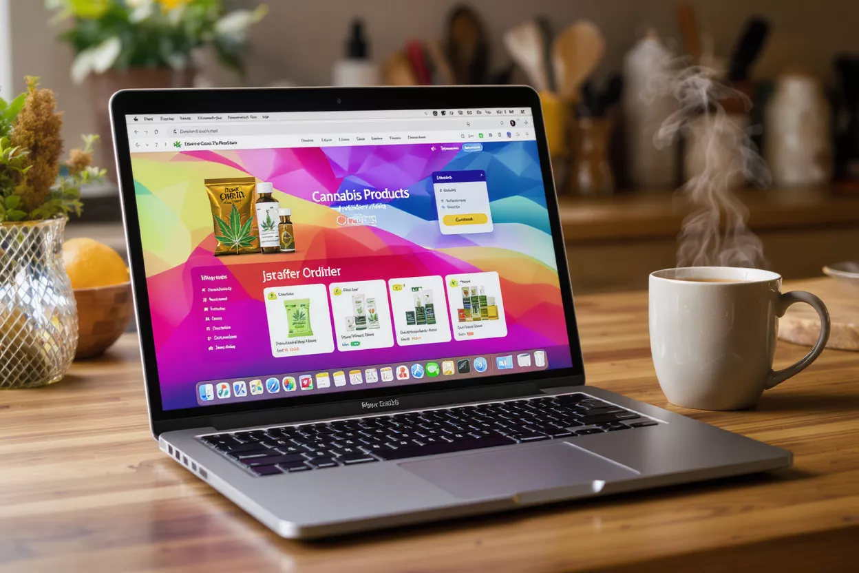 Laptop Displaying Cannabis Products Website Laptop showing a cannabis products website with a steaming coffee mug nearby.