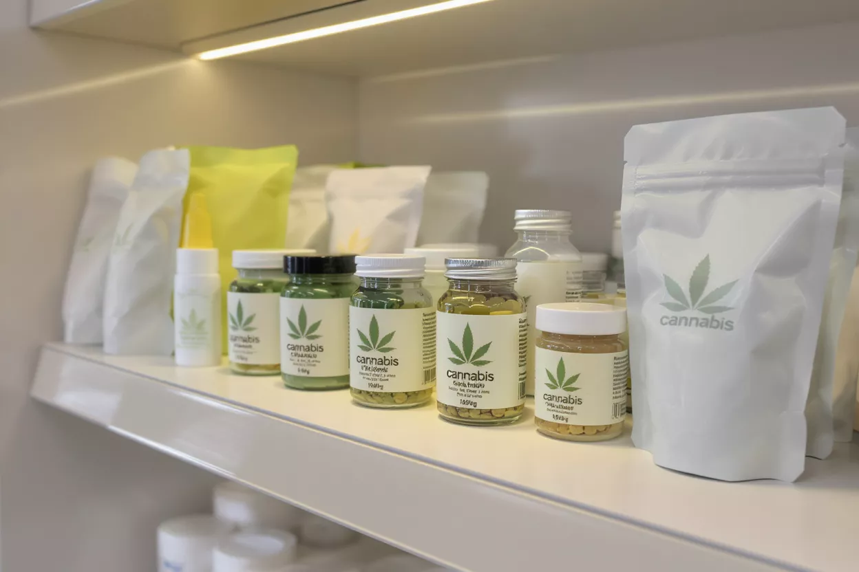 Cannabis Products on Display Shelf Various cannabis products in jars and pouches displayed on a brightly lit shelf.