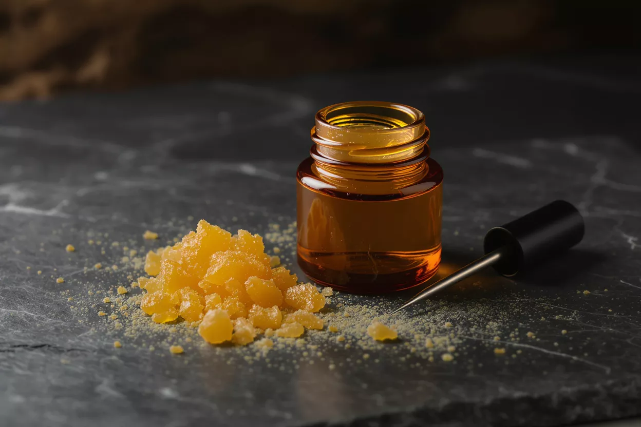 Cannabis Concentrate Oil with Dab Tool Amber jar of cannabis oil, yellow concentrate, and dab tool on a dark surface.
