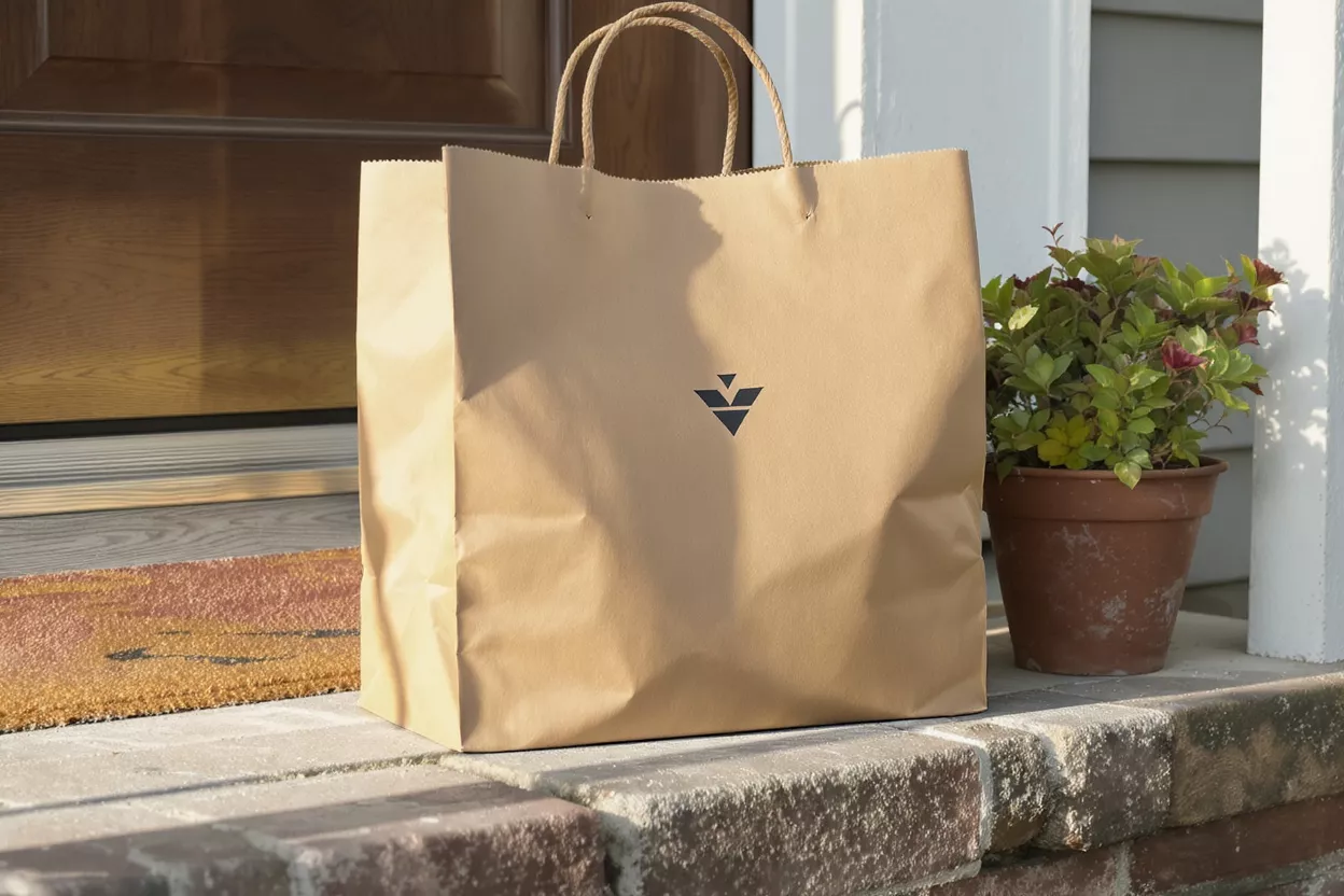 Delivery Bag on Doorstep Brown paper delivery bag with logo on a brick doorstep next to a potted plant.