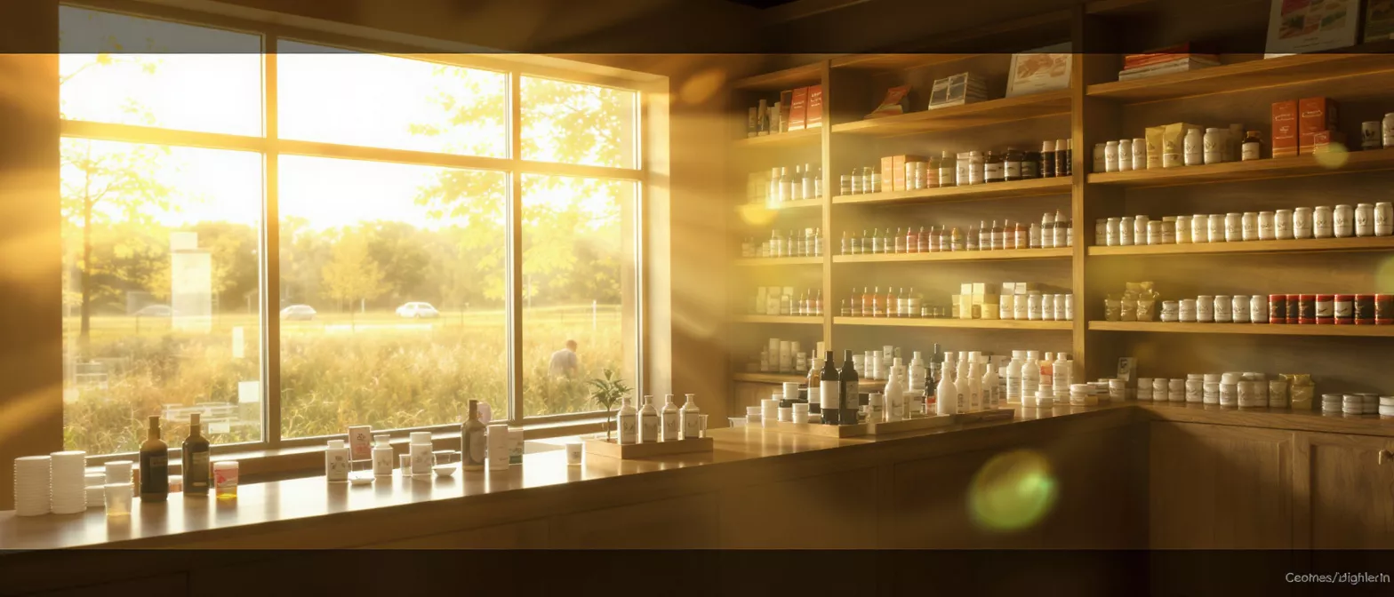 Interior of a sunlit wellness store with shelves of natural products and a large window.