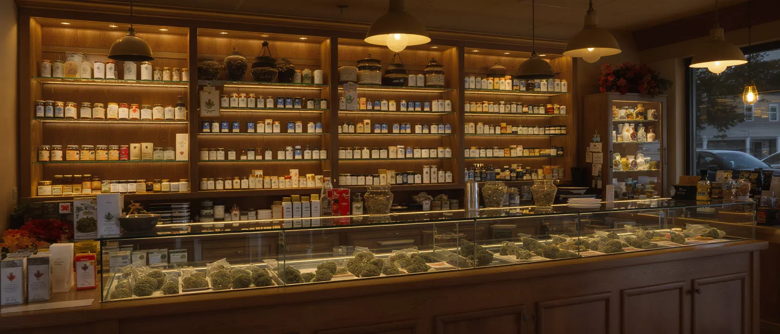 Interior of a cannabis dispensary with shelves of products and display cases.