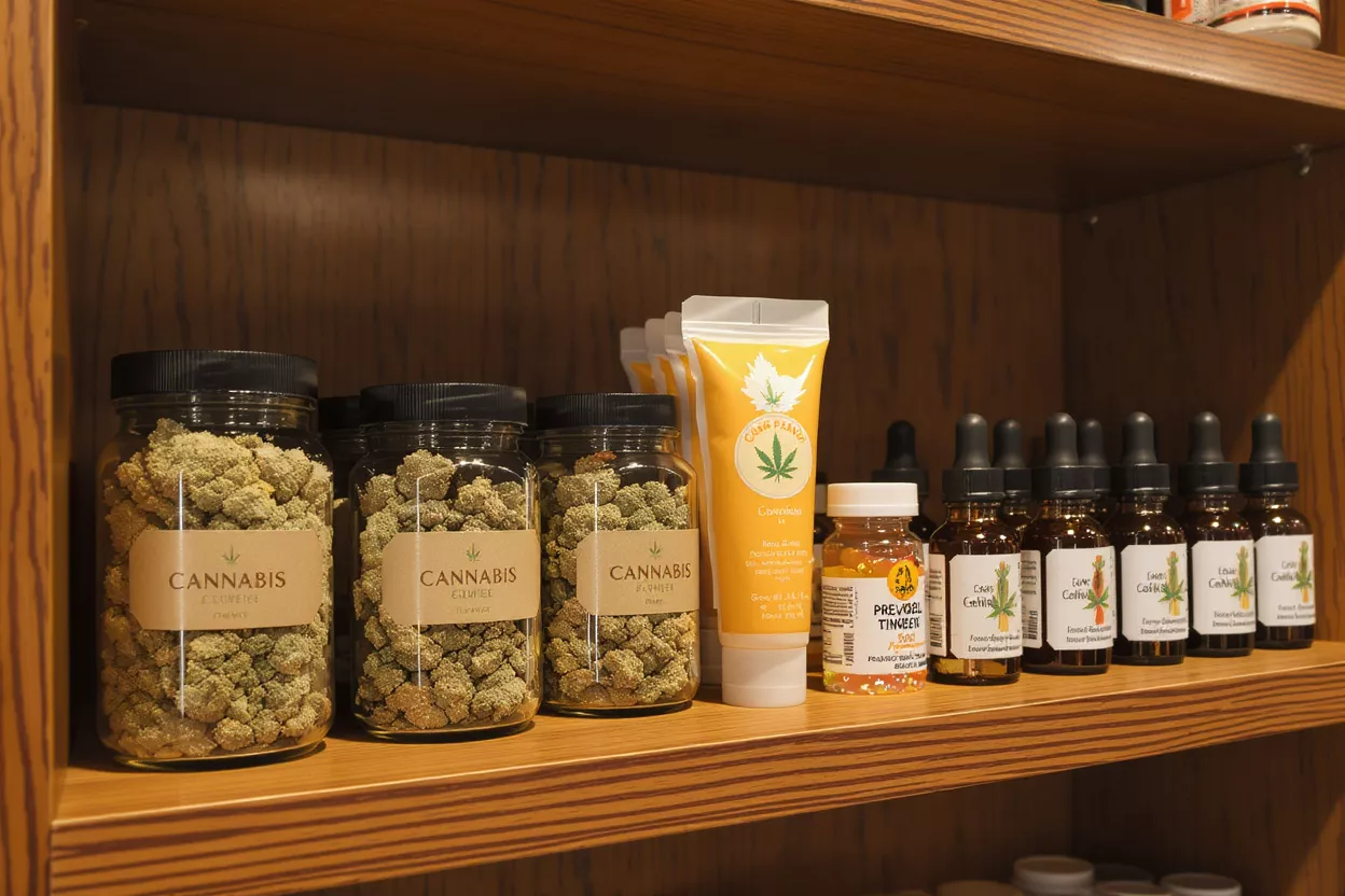 Various cannabis products including jars of flower, cream, and tinctures on a wooden shelf.