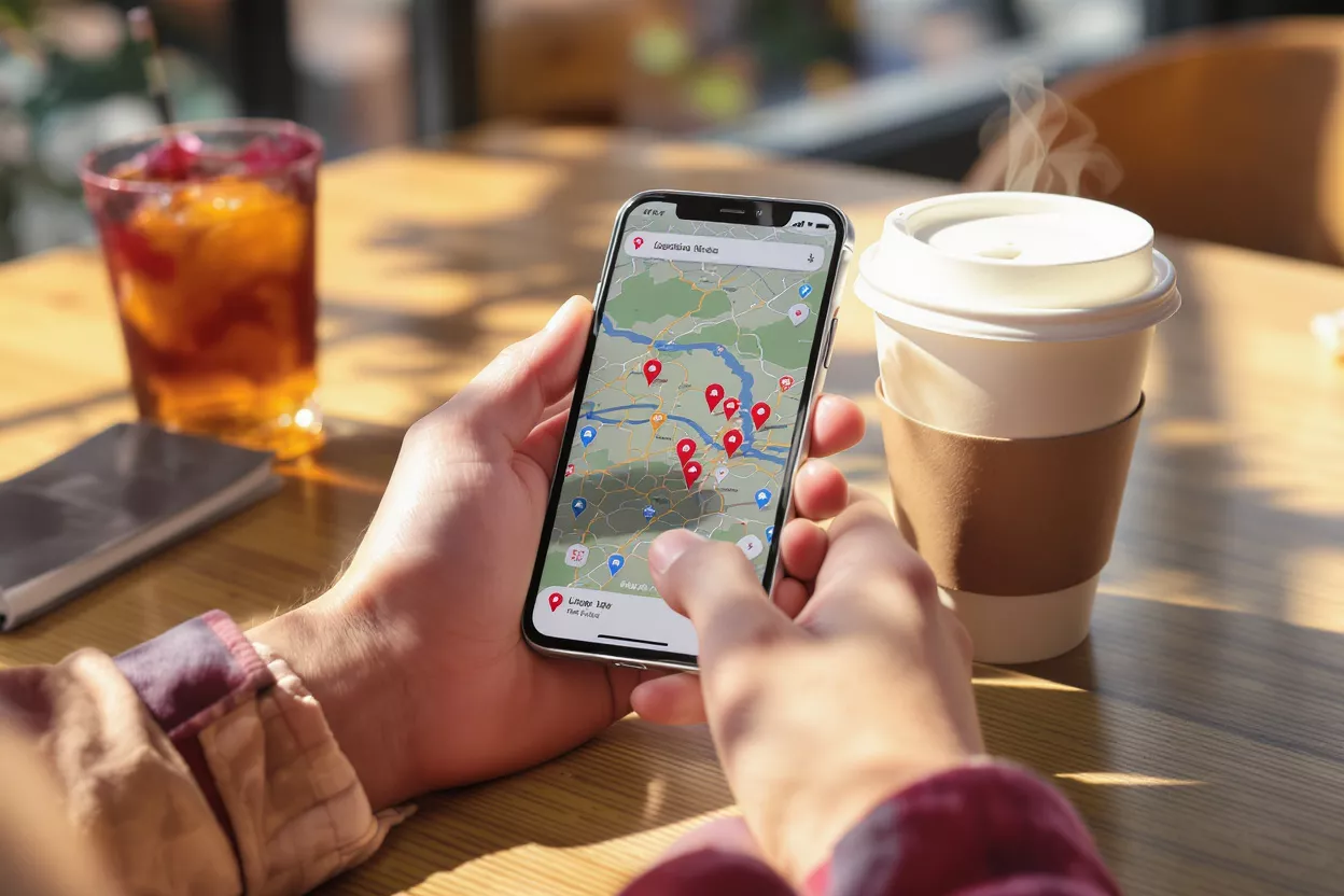 Close-up of hands using a map app on a smartphone with coffee and drink.