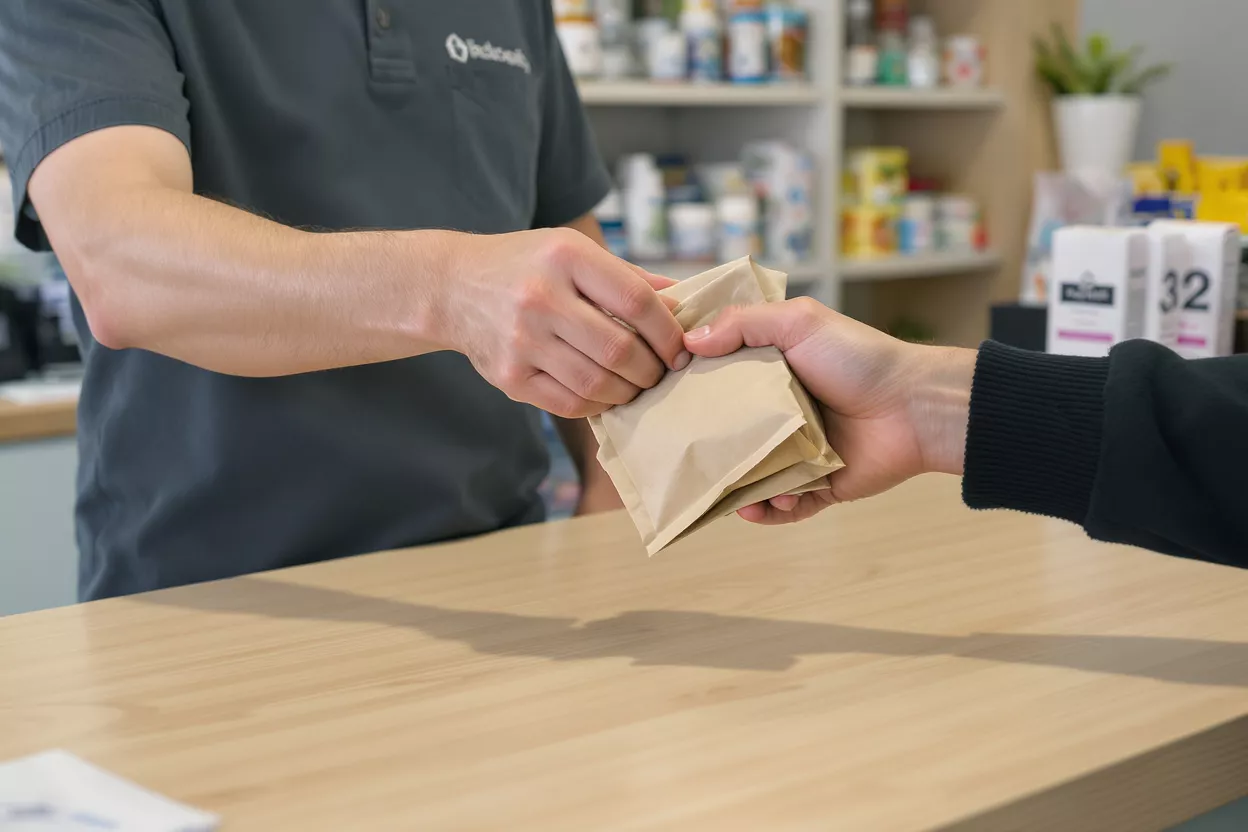 Pharmacist handing a paper bag with medication to a customer at a counter.
