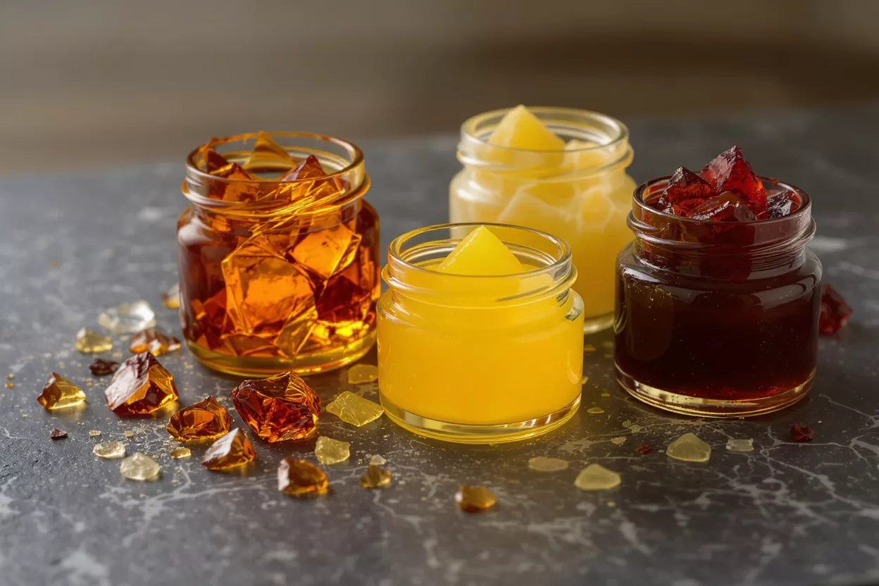 Four small jars filled with various colored jellies and candies on a dark surface.