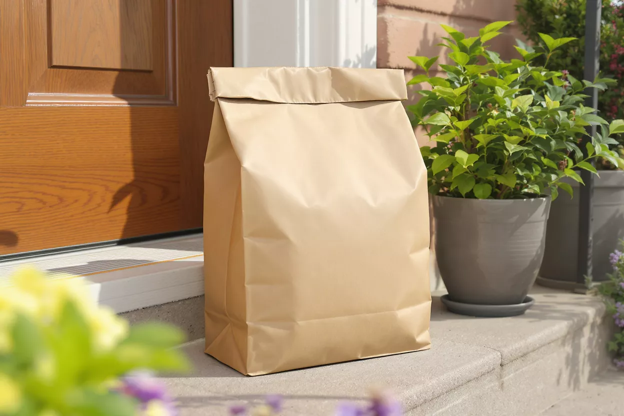 Brown Paper Bag Delivery Brown paper bag on a doorstep next to a potted plant.