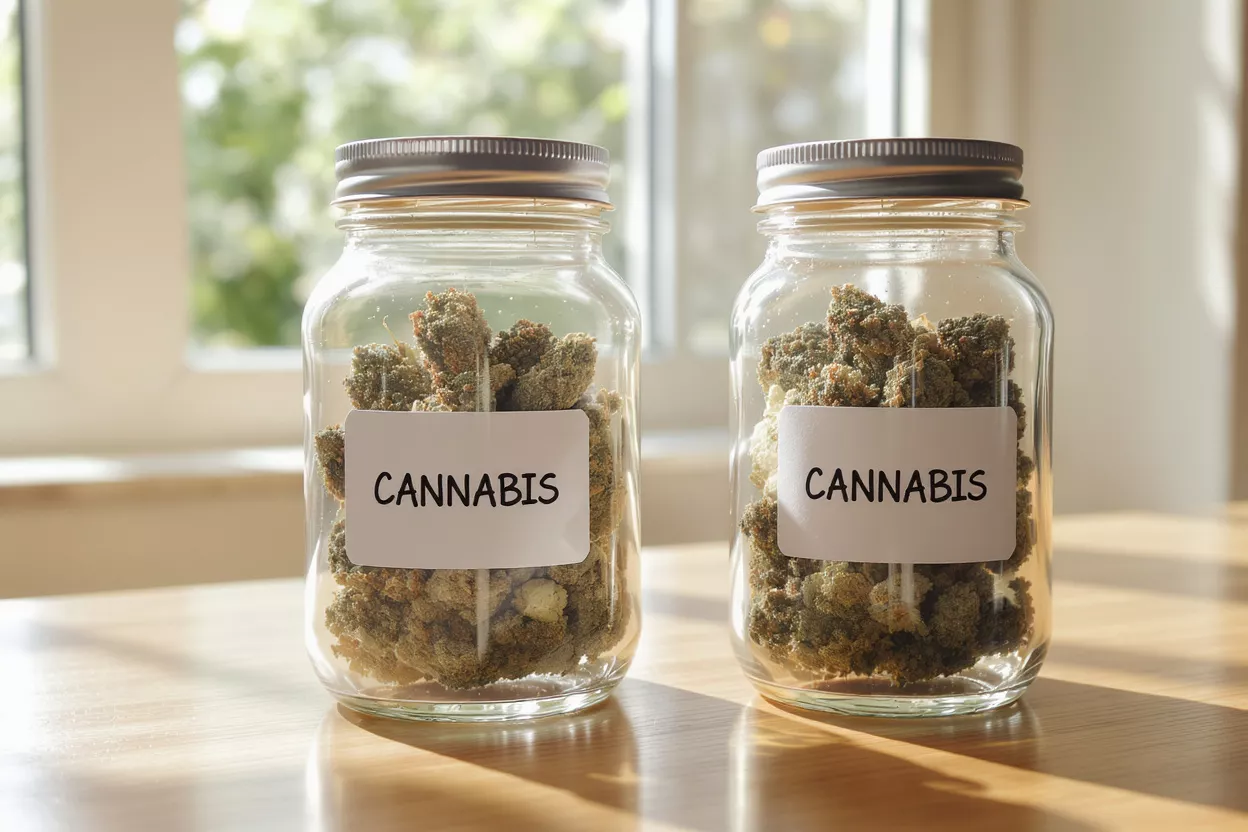 Two Jars of Cannabis Buds Two glass jars filled with cannabis buds, labeled "CANNABIS", on a wooden table.