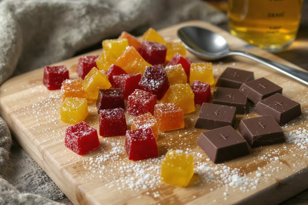 Gourmet Fruit Jellies and Chocolate Squares Colorful fruit jellies and chocolate squares dusted with sugar on a wooden board.