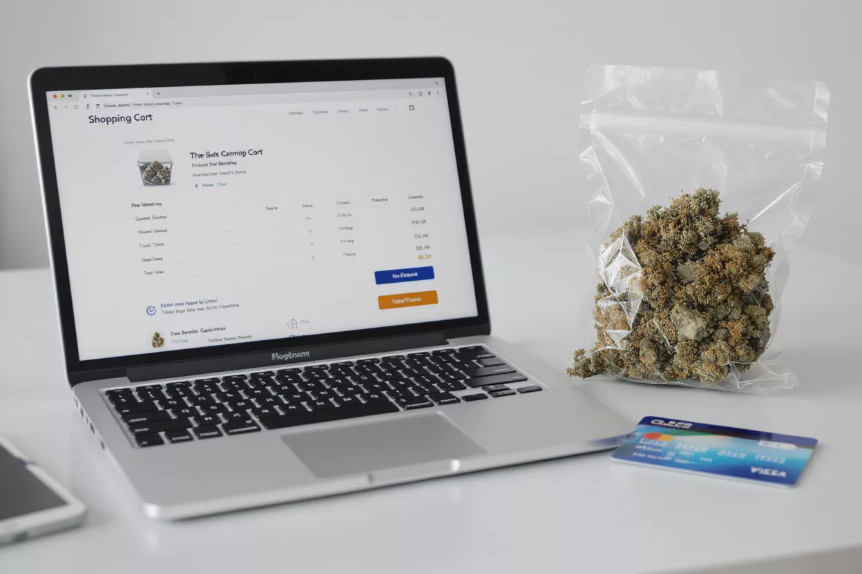 Online Cannabis Shopping Laptop displaying a shopping cart with cannabis products, next to a bag of cannabis and a credit card.