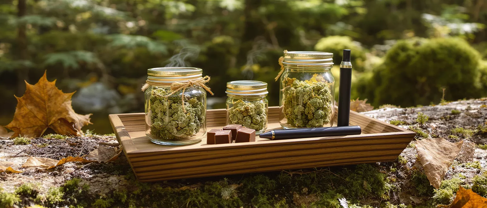Three jars of cannabis, vape pens, and chocolate edibles on a tray in a forest.