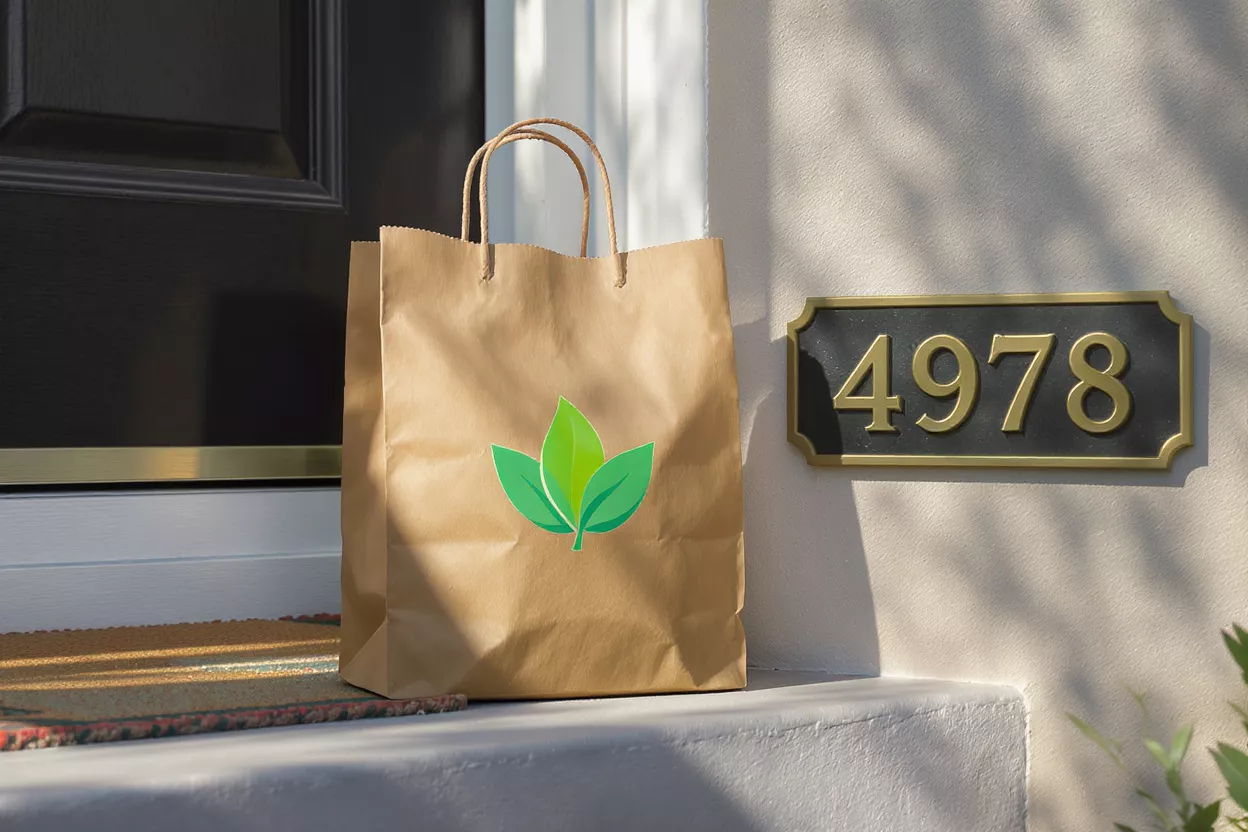Eco-Friendly Grocery Delivery Brown paper grocery bag with green leaf logo on a doorstep.