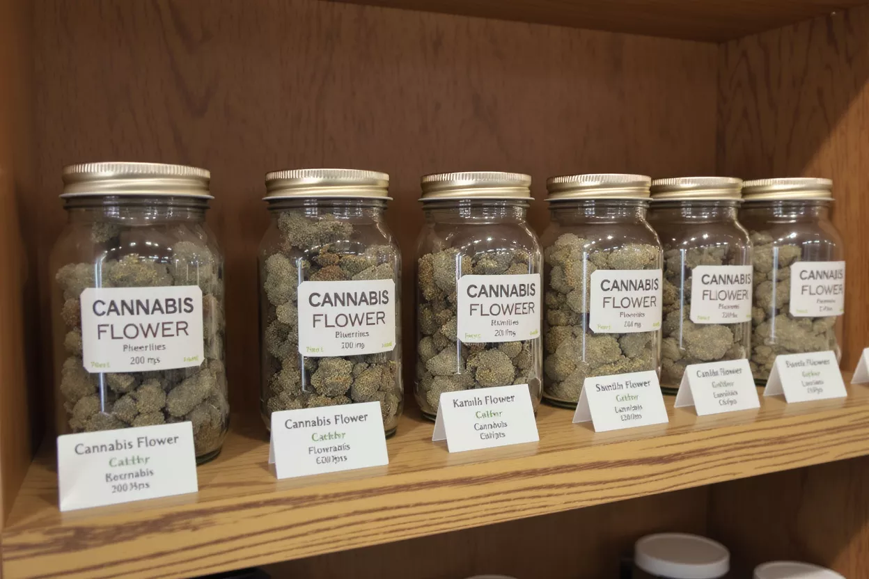 Cannabis Flower Jars on Display Several glass jars filled with cannabis flower buds on a wooden shelf.
