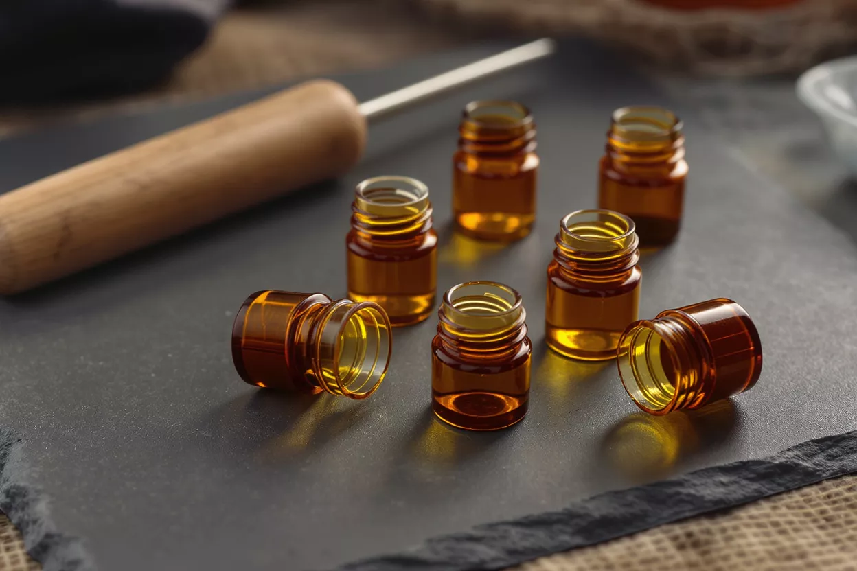 Amber Glass Bottles with Oil Small amber glass bottles filled with oil on a dark slate surface with a wooden tool.