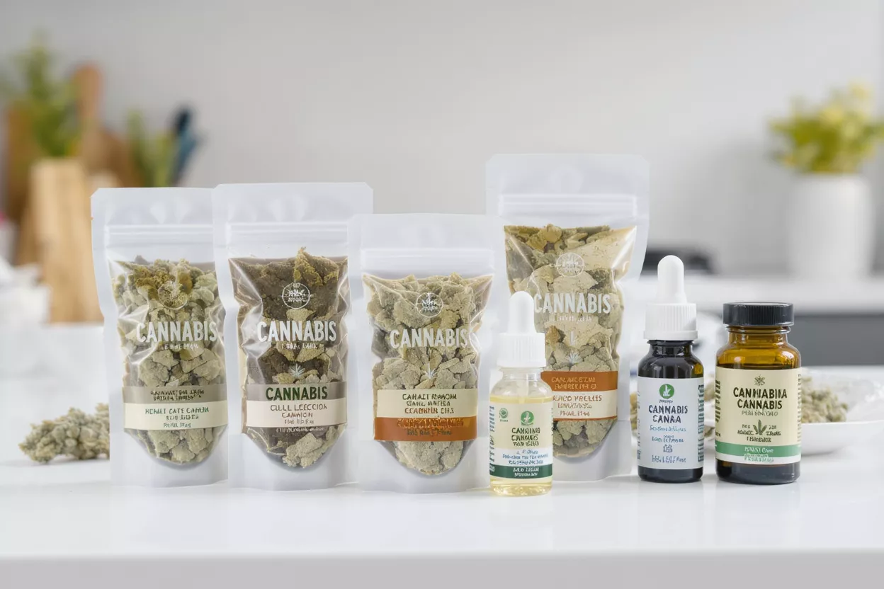 Cannabis Products Variety Various cannabis products including flower in bags and oils in dropper bottles.