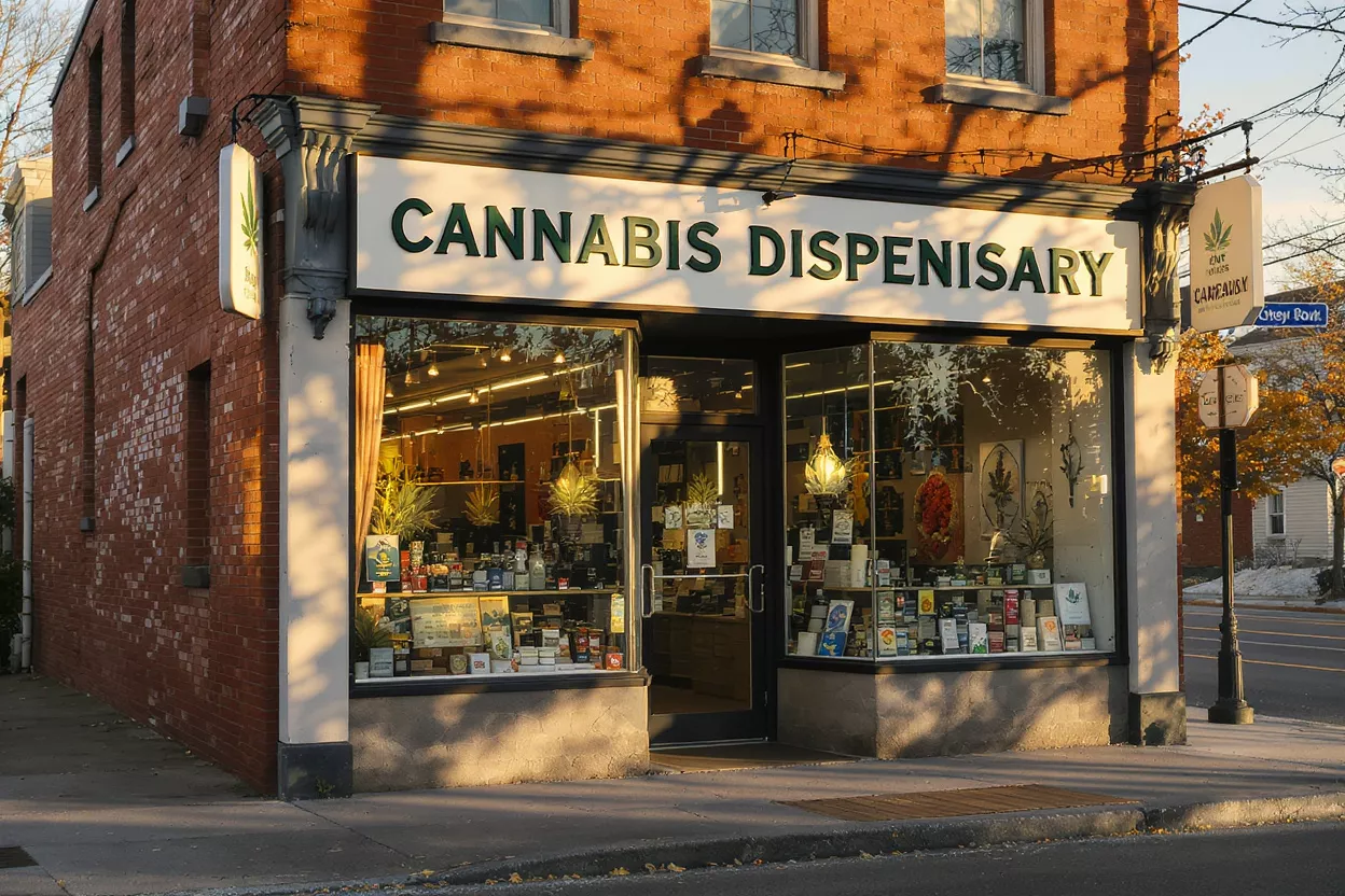 Cannabis Dispensary Storefront Exterior view of a cannabis dispensary with a brick building and large display windows.